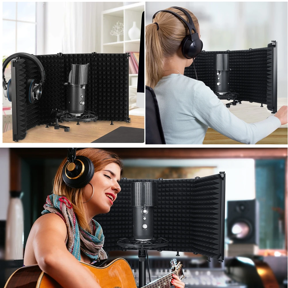 

Mic Sound Absorbing Foam Microphone Isolation Shield Soundproof Cover Guard Plastic Microphone Soundproof Screen Black Five-door