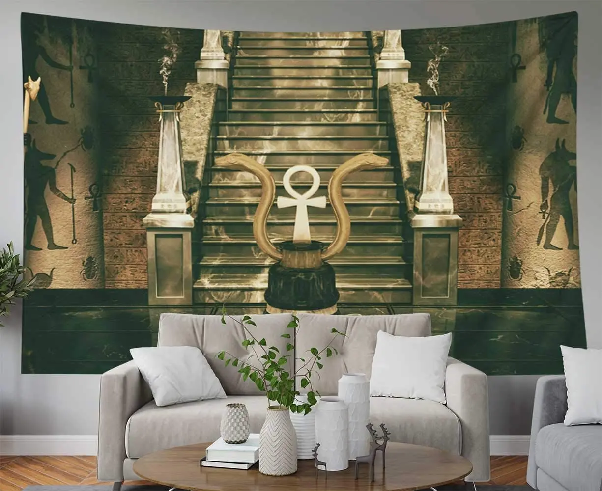 Tapiz de dos serpientes doradas y una cruz egipcia, geoglifos, arte psicod&eacute;lico dorado de Ho Me Lili, para decoraci&oacute;n de dormitorio-3