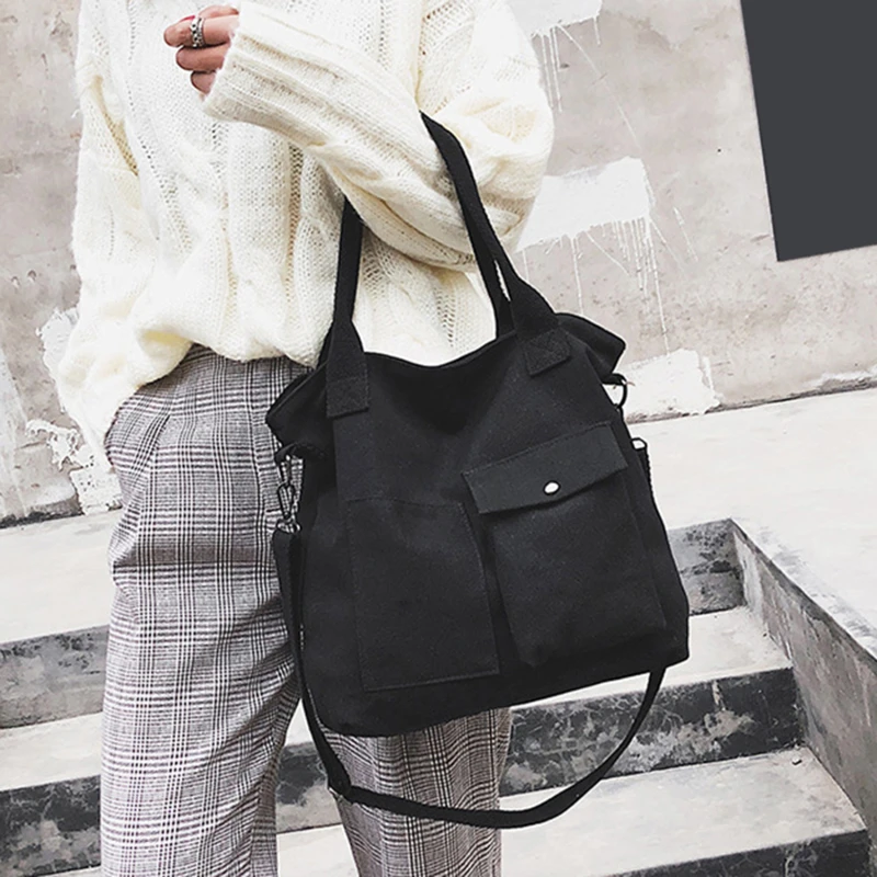 

New Trendy Wild Women Casual Large Capacity Shopping Bags Solid Color Canvas Retro Ladies Portable Eco Tote Bags