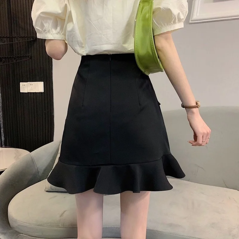 

Solid Elegant Sweet Skirt Summer Women Ruffles Designer High Waist Slim Mini Skirt A-Line Office Lady Casual Fishtail Skirt 2021