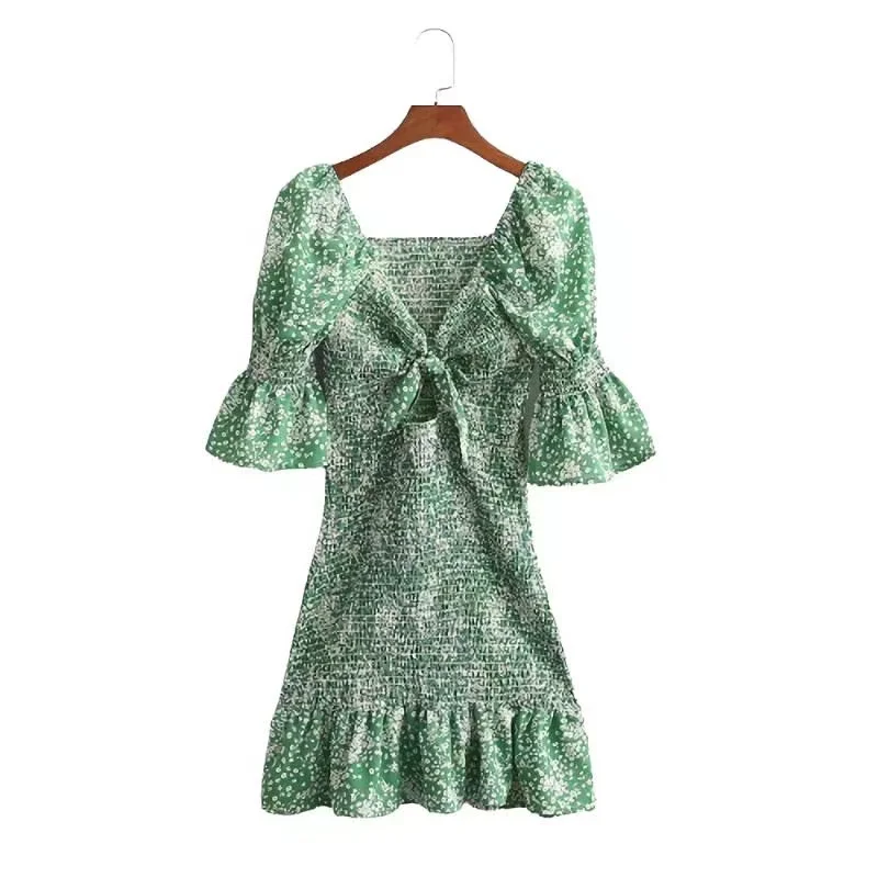 

Повседневное женское короткое платье PUWD с зеленым цветочным принтом, весна 2022, модные женские эластичные платья с пышными короткими рукава...