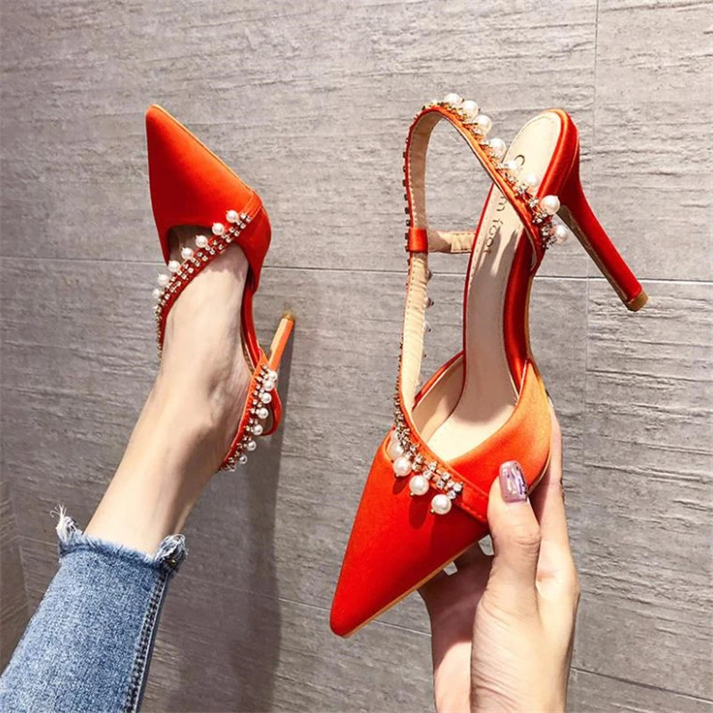 

Luxury Pearl Slingback High Heels Women Shoes Thin Heel Bride Shoes Comfortable Women Pumps Ppinted Toe Ladies Wedding Shoes