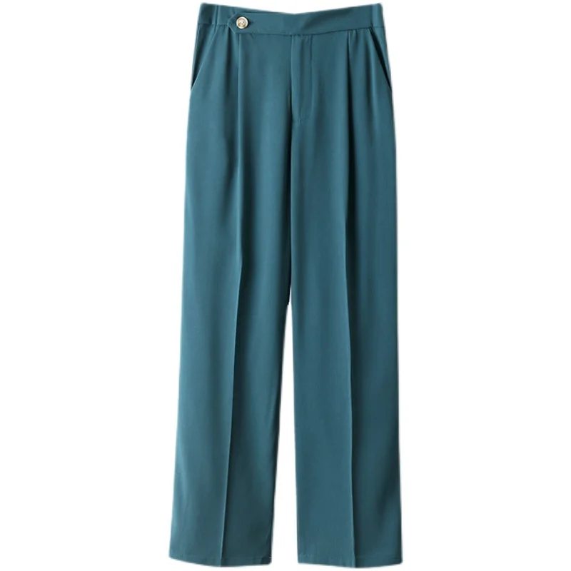 

New 2021 Spring Autumn Women Casual Loose High Waist Straight Pockets Pants Formal Elegant Wide Leg Ankle-length Trousers