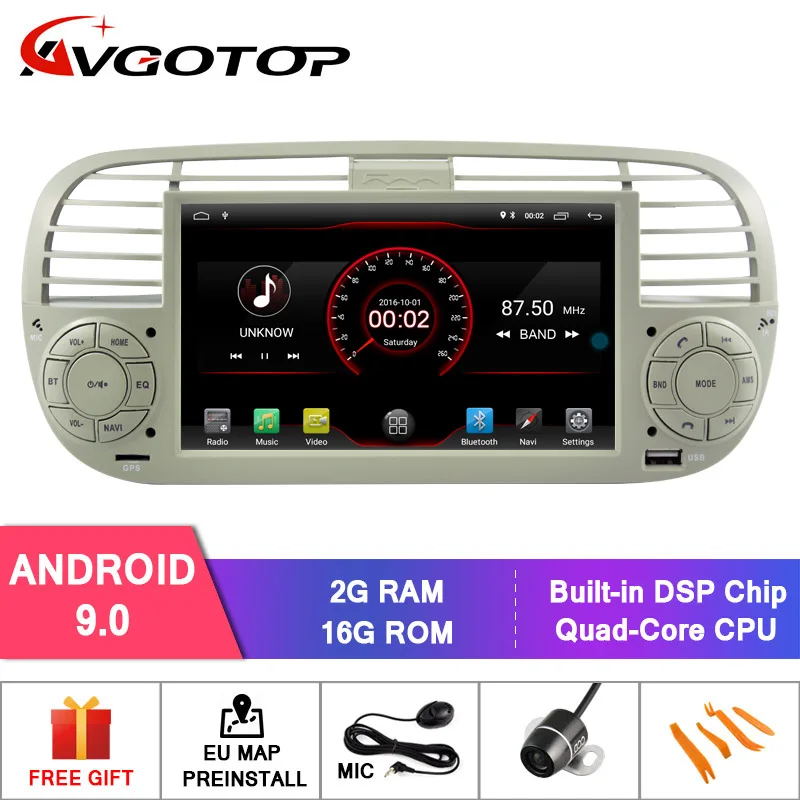 AVGOTOP Android 9 Bluetooth gps Автомобильный плеер мультимедиа для FIAT 500 2G 16G автомобиля радио