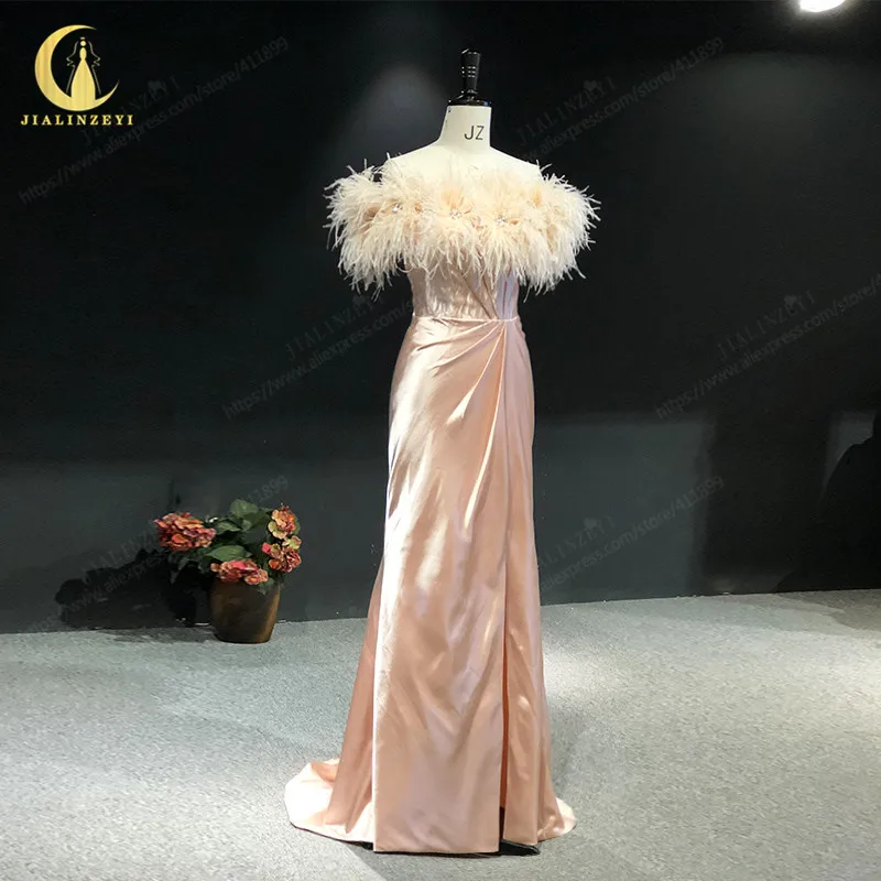 

Rhine real Pictures off the shoulder pink satin with feathers mermaid arabic evening dresses long 2021