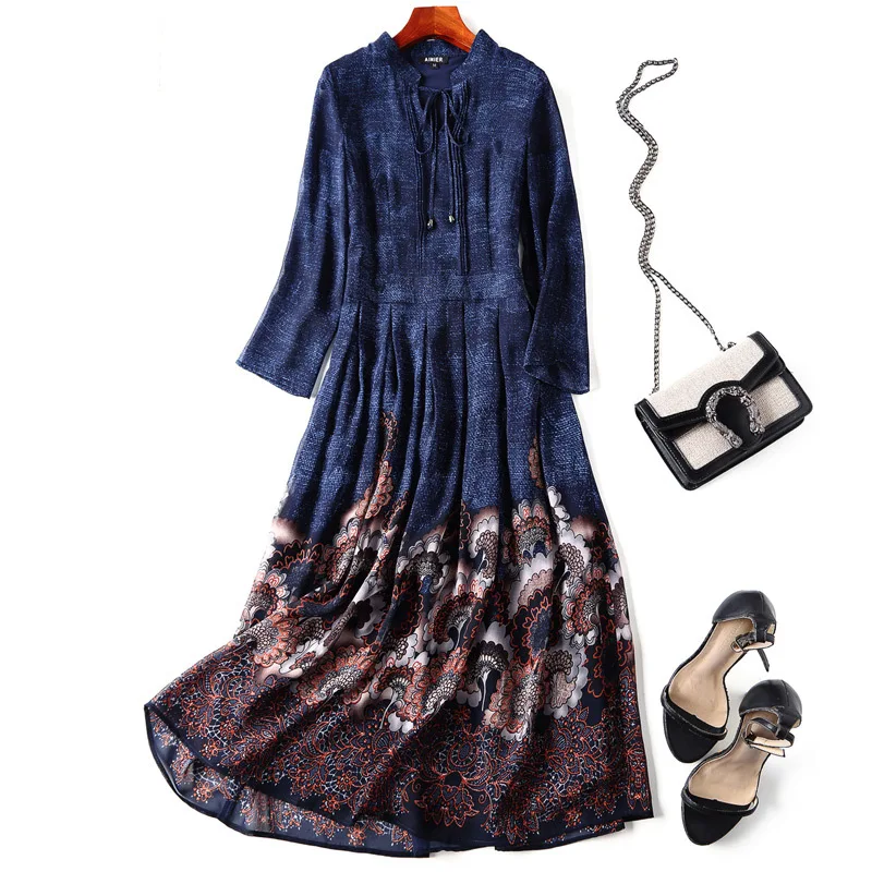 

Quality Brand Top Chinese Dresses 2021 Spring Summer Fashion Party Vintage Dresses Women Ethnic Print Mid-Calf Length Dress Silk