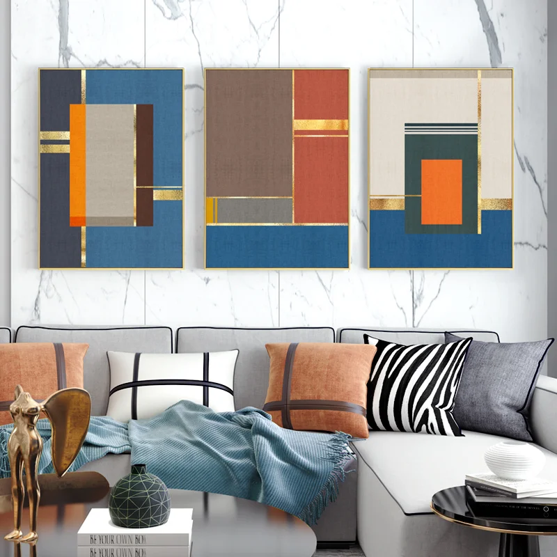 

Luxurious Abstract Geometry Yellow Blue Orange Color Block Canvas Painting Wall Picture Print Poster Living Room Home Decoration
