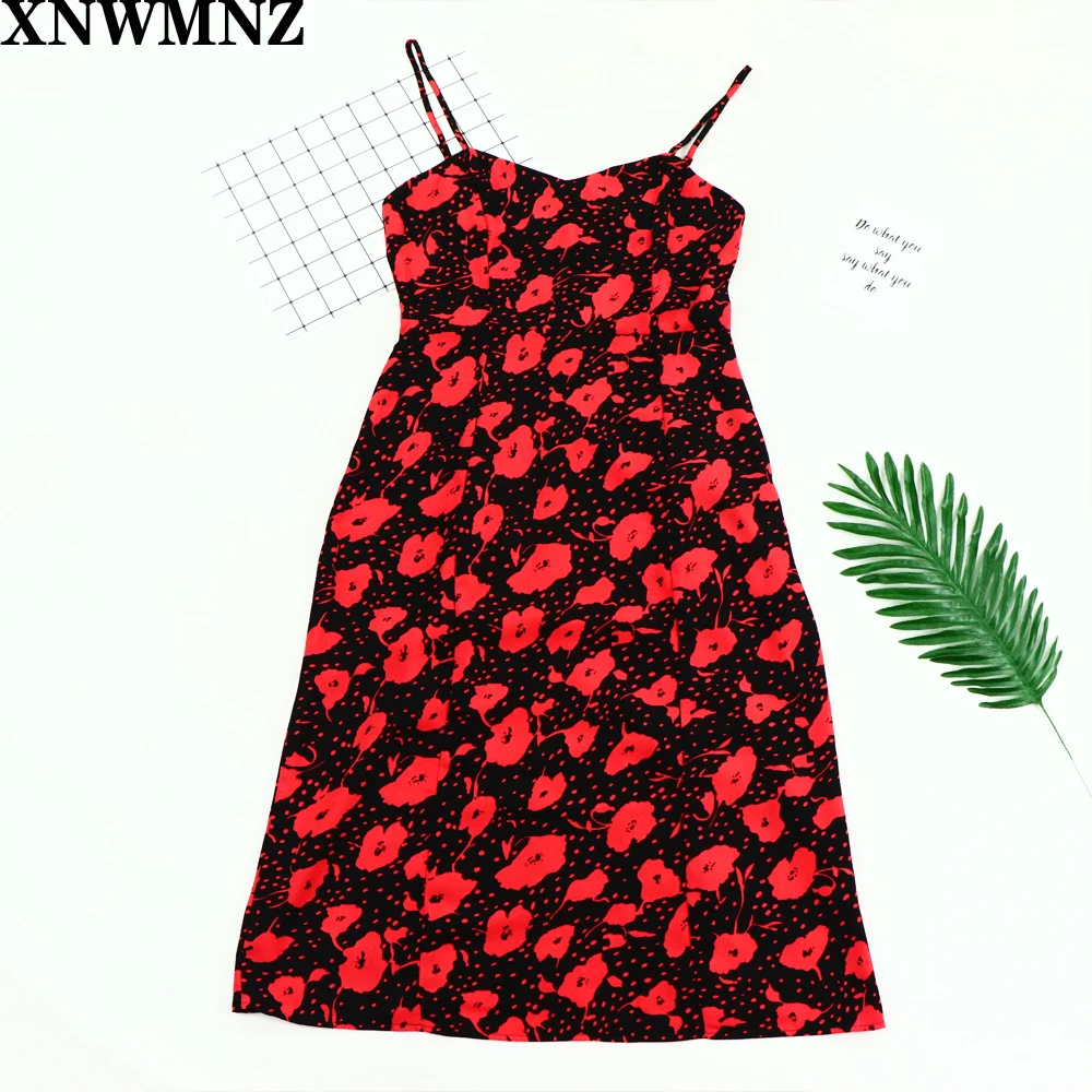 

2020 vestidos verano sexys Chic spaghetti strap Women midi Dress France Red Floral Print vestidos Fashion Chiffon women Dresses