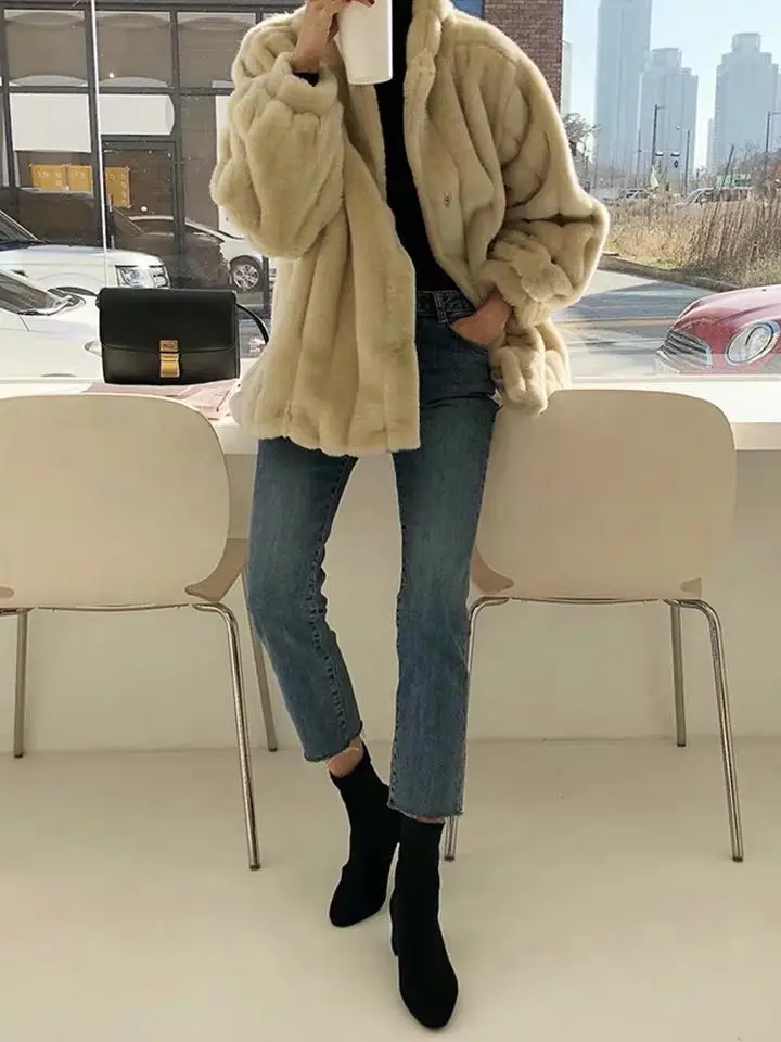 Женская свободная куртка из искусственного меха теплая Толстая в полоску с