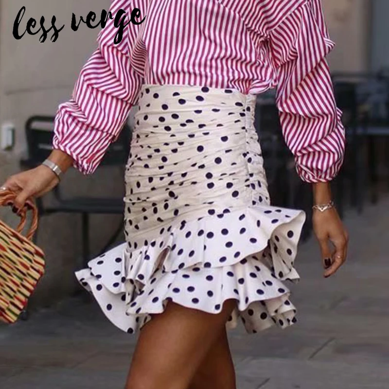 Lessverge Polka dot ruffle white asymmetrical skirt Women casual bodycon high waist skirt Autumn elegant party mini skirt bottom