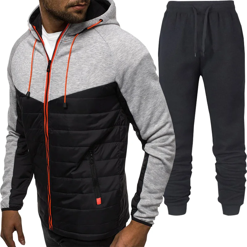 

Men Casual Tracksuit 2 Piece Sets Fashion Autumn Winter Warm Pullover Hoodie Sweatshirt+Pant suits Male Patchwork Hoodies