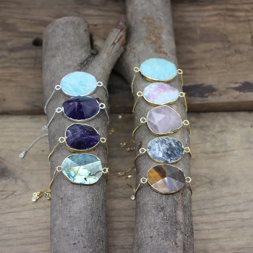 

Labradorite Crystal Pyramid Gold/Silvery Chains Adjustable Bracelet Amethysts Rose Quartzs Fashion Women Jewelry Dropship QC2030