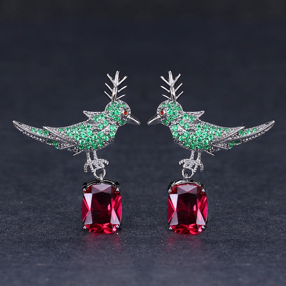Женские винтажные вечерние серьги ThreeGraces Vivid Bird, 925 пробы, серебро, зеленый, кубический циркон, микро проложенный большой красный кристалл, висячие серьги ER163 - Окраска металла: as photo