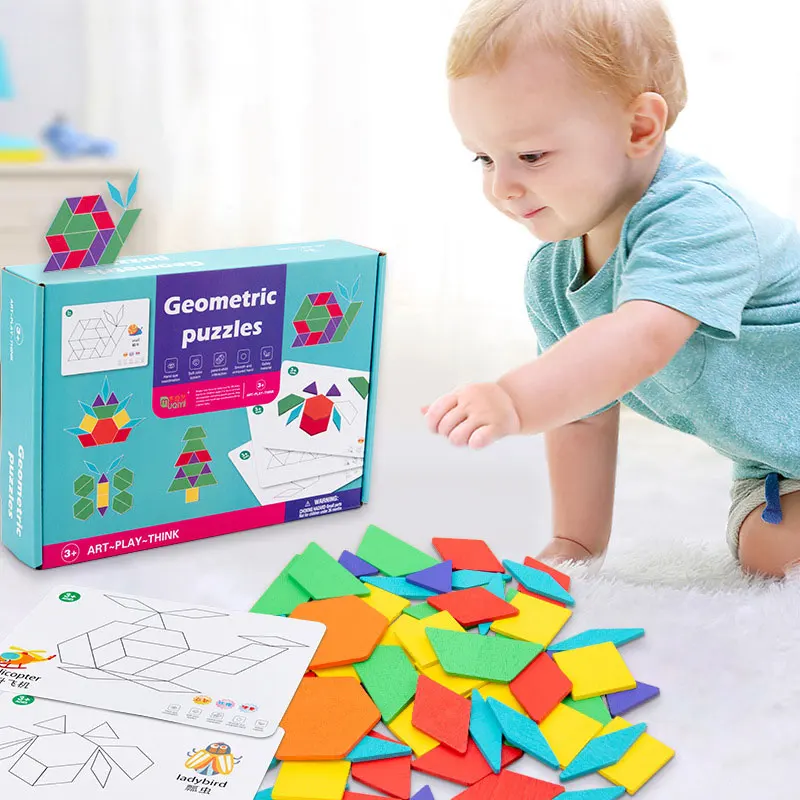 

60Pcs Wooden Geometric Shape Blocks Puzzle Educational Toys for Kids Jigsaw Board with Colorful Pattern Cards Tangram Learning