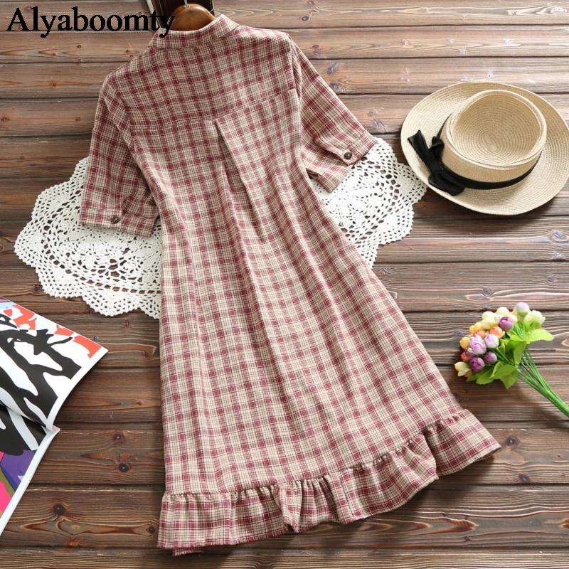 Летнее женское платье-рубашка в японском стиле преппи винтажное клетчатое