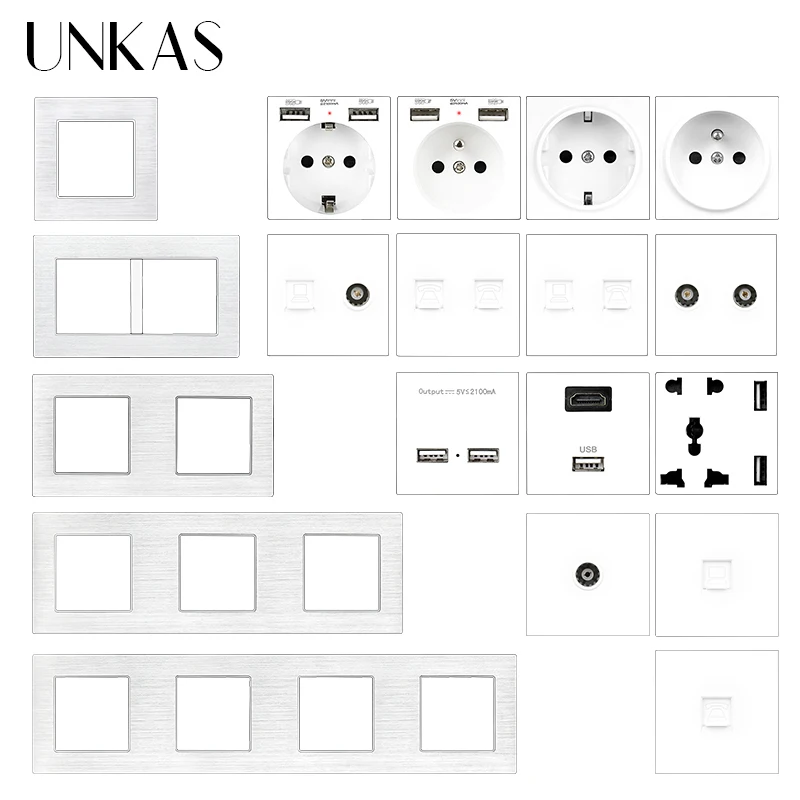 

UNKAS DIY Combination Free Matching French EU Socket USB Charger TV RJ12 Telephone RJ45 Computer White Aluminum Panel Outlet