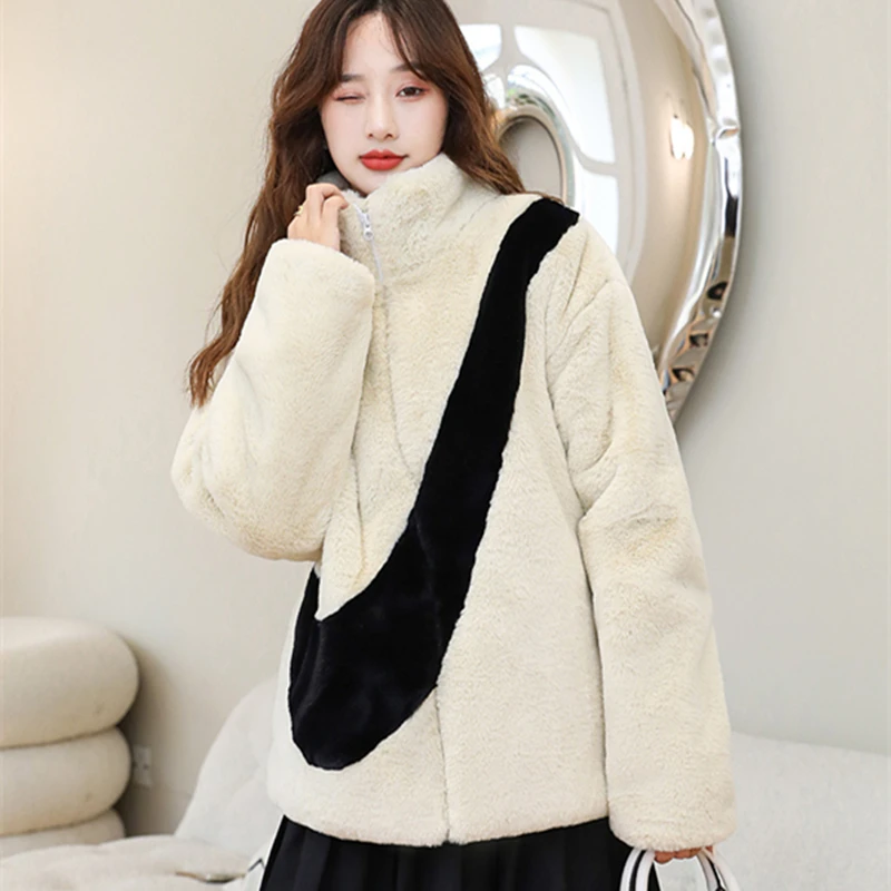 Big hook fur imitation mink stand collar large size casual jacket winter lamb velvet jacket mid-length jacket Office Ladyzipper