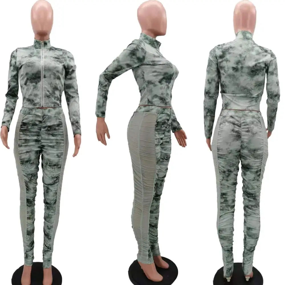 

Tie Dye Print Mesh Joint Tracksuit V-Neck Tops & Stacked Sweatpants Lift Hips Slim Women Two Piece Outfits Winter Casual Suits