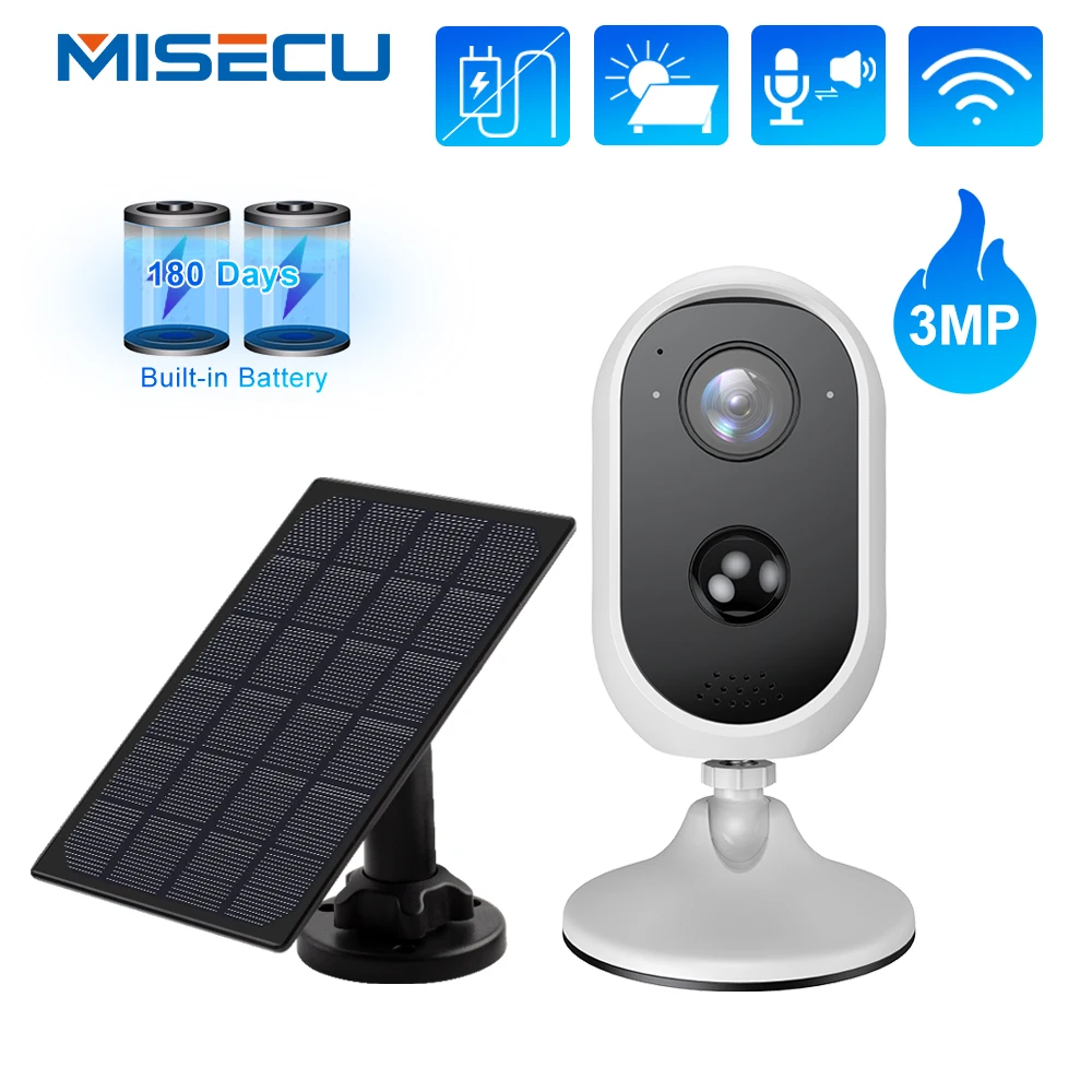 MISECU HD 3MP Wifi IP Camera Home Security Wireless Rechargeable Battery With Solar Panel PIR Motion Detected 2-way Audio | Безопасность