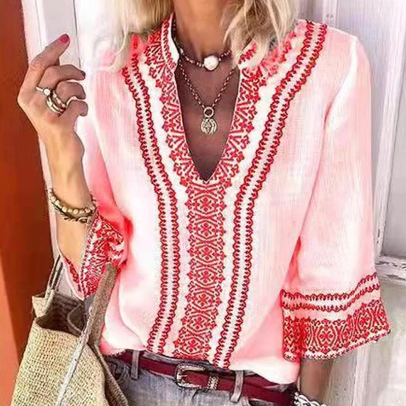 

New Autumn Three Quarter Sleeve Vintage Blouse Women Sexy Deep V Neck Elegant Office Lady Top Shirt Spring Patchwork Loose Blusa