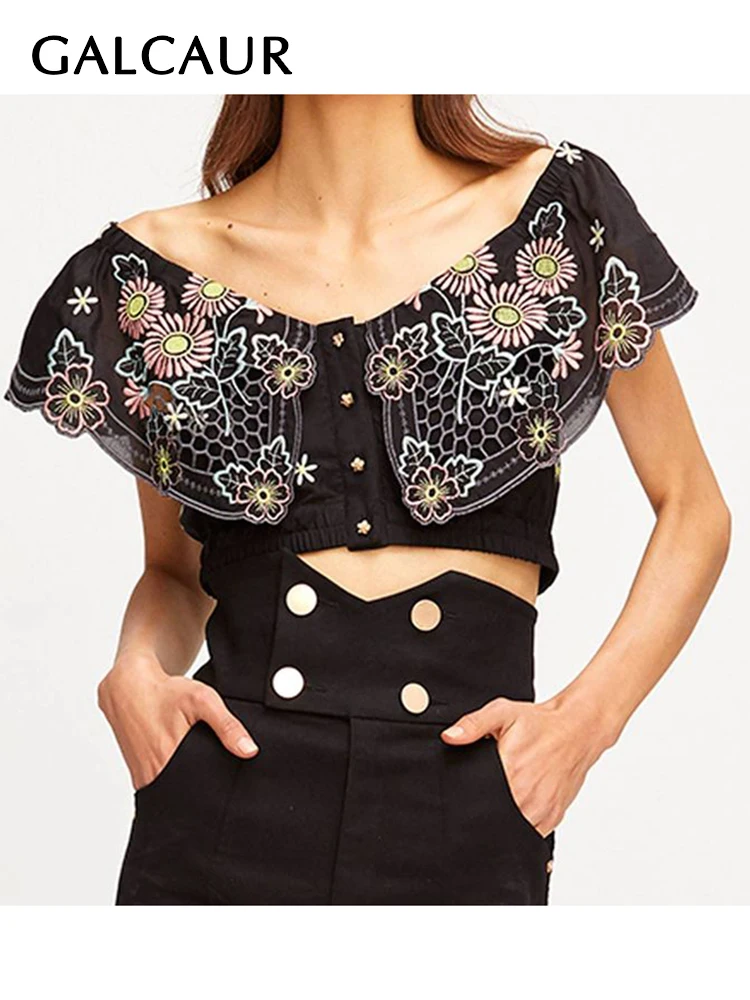 

GALCAUR Elegant Print Shirts Slash Neck Short Sleeve Hit Color Sexy Embroidery Elegant Short Blouses Female 2022 Summer Clothing