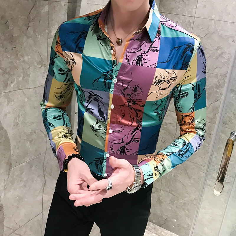 

2021 Luxury Black Gold Shirt Men's Baroque Shirt Long Sleeve Patchwork Casual Shirt Men's Slim Printed Prom Club Social Shirt