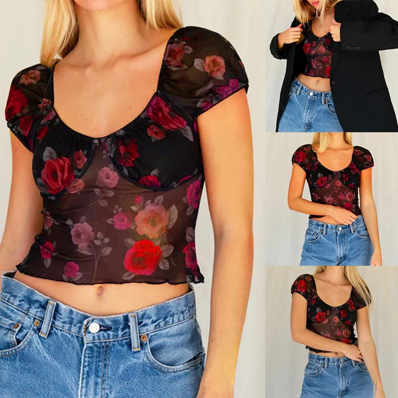 

Ladies V-Neck Mesh Puff Sleeve Rose Flower Print Top Short Sleeve Summer Casual Women's Perspective T-Shirt