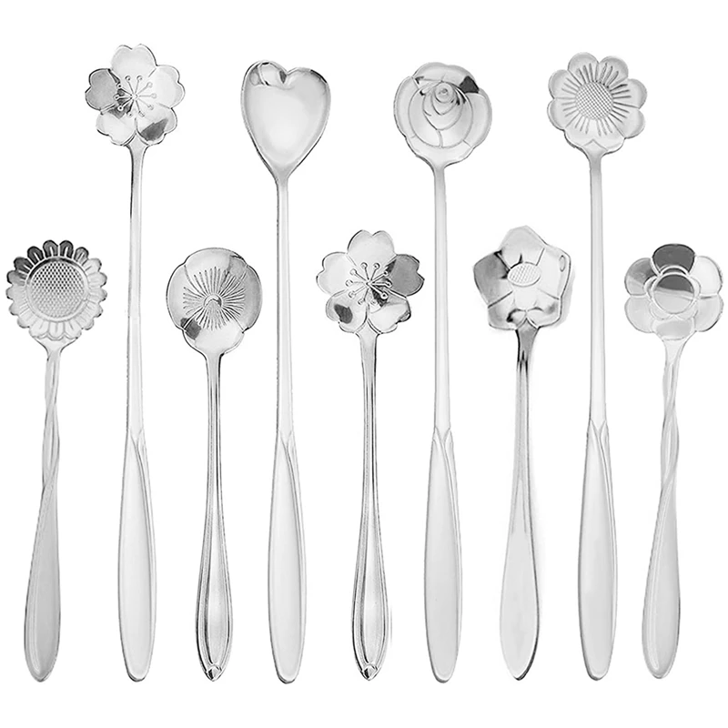 

New Flower Spoon Coffee Teaspoon Set, Stainless Steel Teaspoon, 2 Dessert Spoons of Different Lengths,9 Pieces