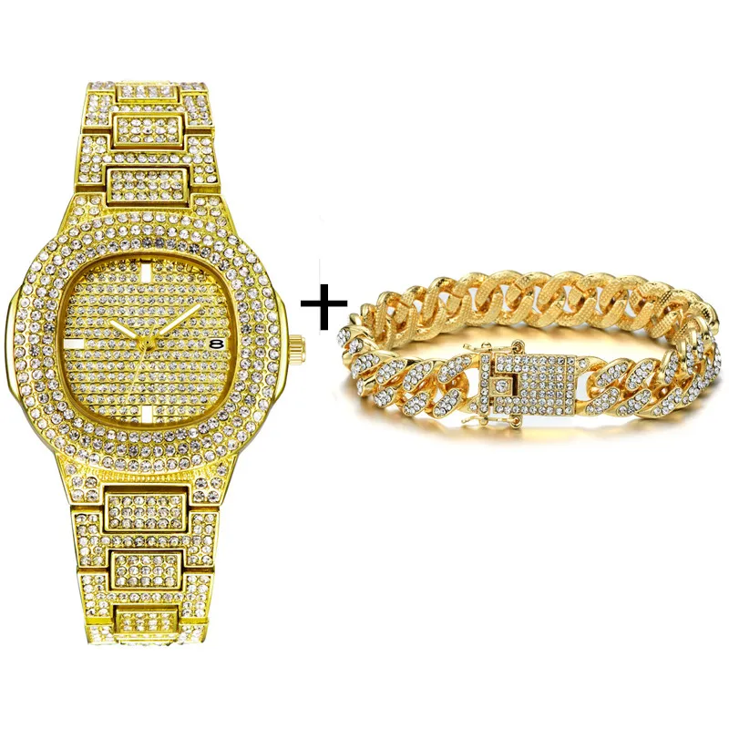 Gold Watch Bracelet Хип-хоп роскошные часы со льдом+ браслет Дата кварцевые наручные часы с Micropave нержавеющая сталь часы для женщин ювелирные изделия - Цвет: Gold Watch Bracelet