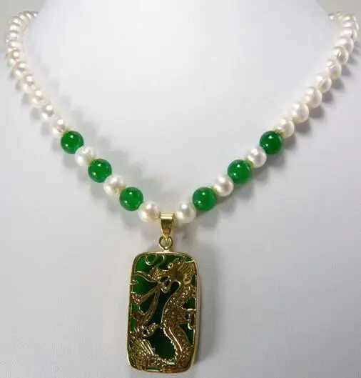 

fine green natural jade & mixed white pearl necklace +lucky dragon pendant 8mm