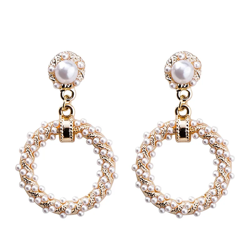 

twist ring imitation pearl Hanging Dangle Fashion Stud Earrings Korean Hollow out Contracted Vintage Elegant Women's Earrings
