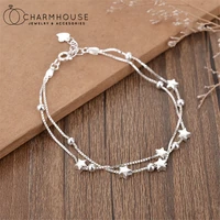 pure silver charm bracelets for women double layer bead star chain bracelet pulseira femme wristband wedding jewelry accesories
