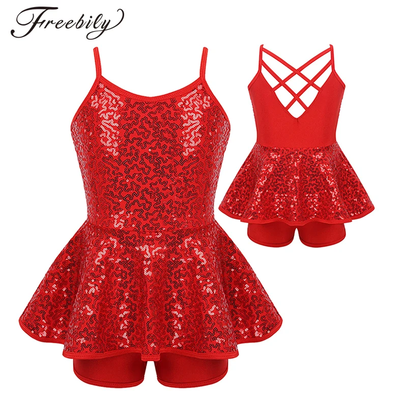 

Children Sequins Criss Cross Back Dancewear Gymnastics Leotard Girls Ballet Figure Skating Dress Modern Rave Jazz Dance Costume