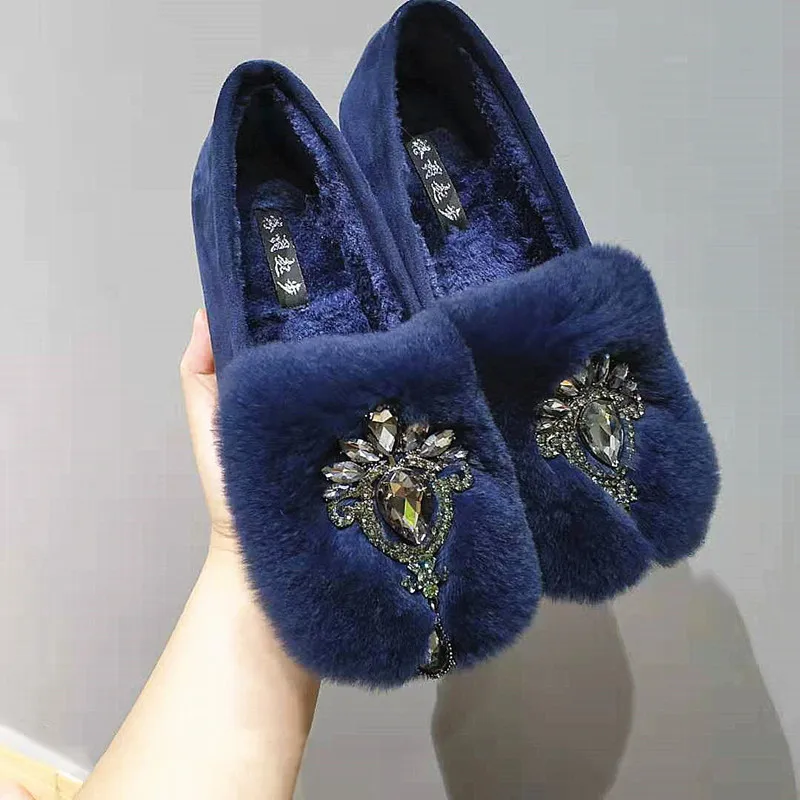 Brand Rhinestone shoes espadrilles comfy real fur flat moccasins women design winter slip on loafers plus size 42 plush creepers | Обувь