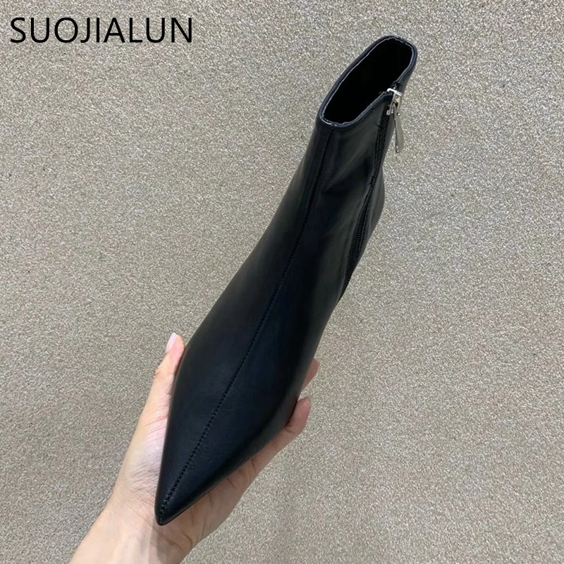 Модные Остроносые полусапожки SUOJIALUN на низком тонком каблуке женские элегантные