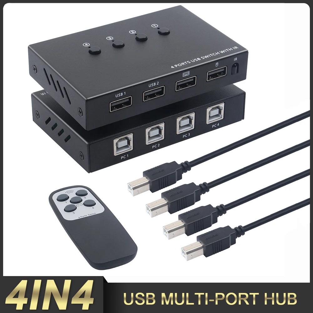 

USB 2.0 KVM Switcher with Remote Controller 4 In 4 Out Port Sharing 4 Device USB Hub Box for Keyboard Mouse Printer