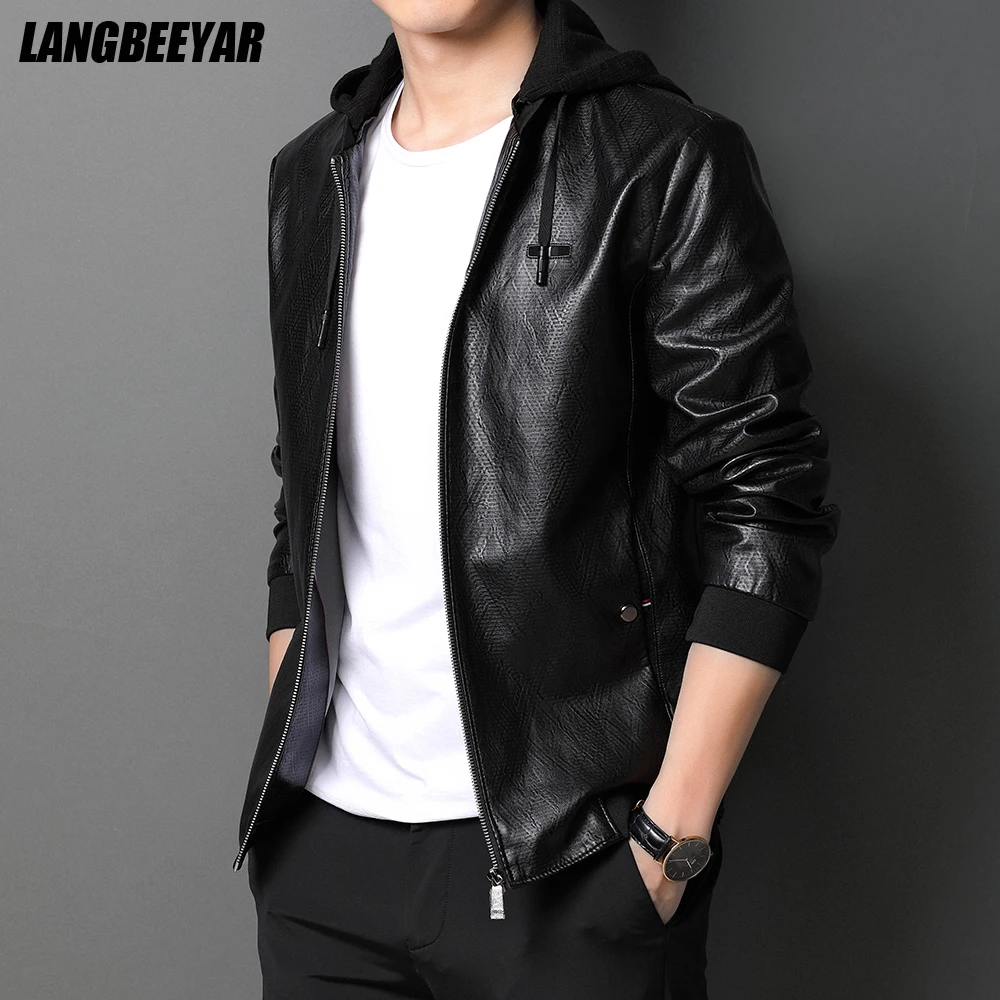 

Top Grade New Brand Casual Fashion Biker Leather Jacket Motorcycle Men Black Windbreaker Hooded Jacket Coats Mens Clothes