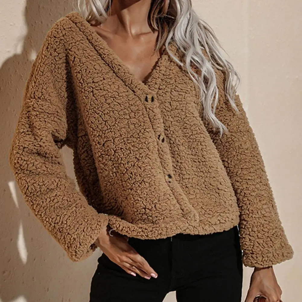 

Women's Coat Winter/Autumn 2021 Solid Color Deep V Neck Autumn Winter Long Sleeve Single Breasted Plush Jacket for Daily Wear