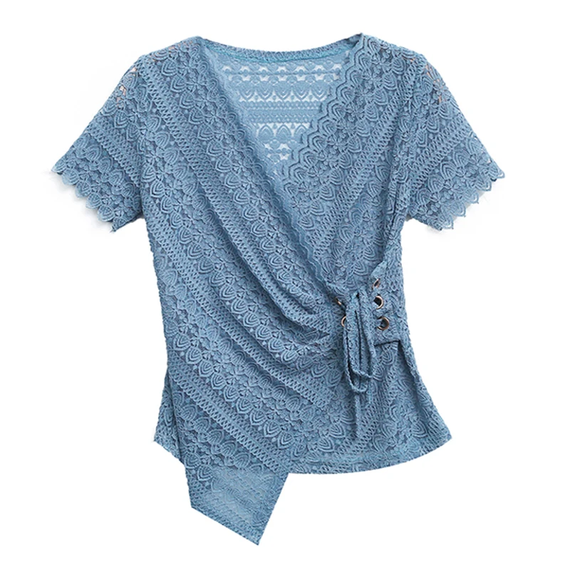 

Lace Top Women's 2021 Summer New Short-Sleeved T-shirt Sexy V-neck Lace-up Shirt Fashion Trendy Small Shirt Fashion