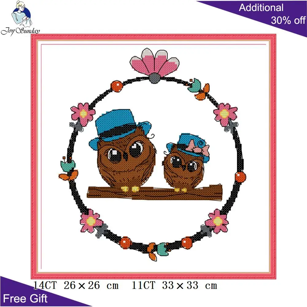 

Joy Sunday Two Owls DA502 14CT 11CT Counted and Stamped Wreath Animal Needlework Embroidery DIY Home Decor Cross Stitch kits