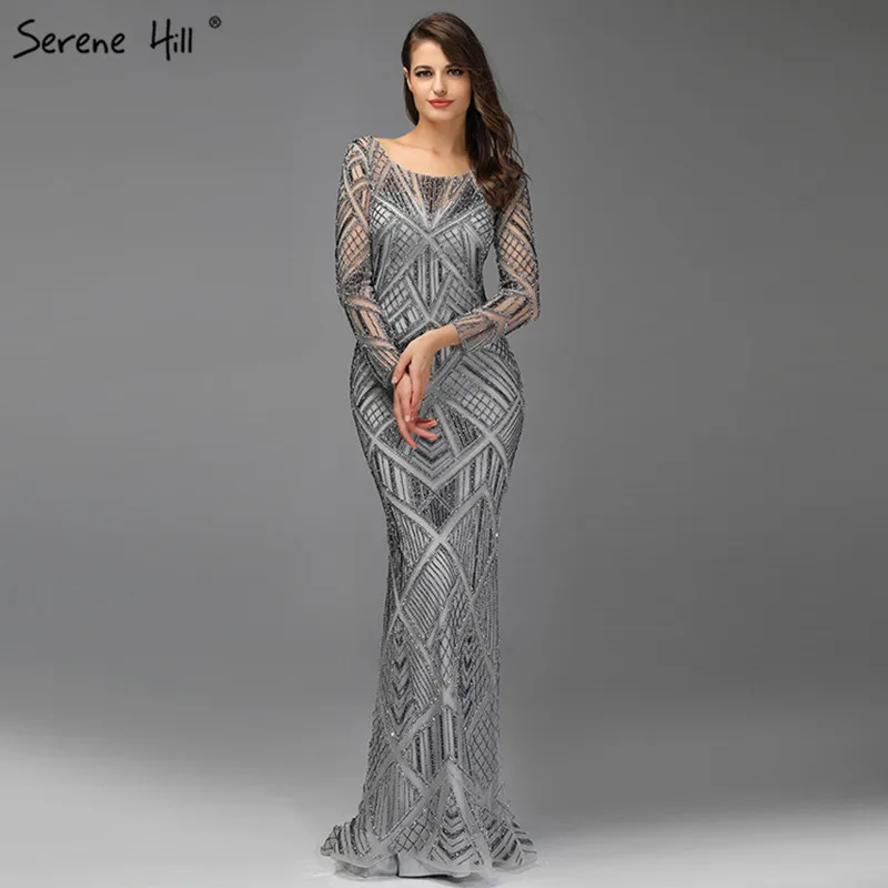 Серое роскошное вечернее платье русалки с круглым вырезом дизайн 2019 Дубай