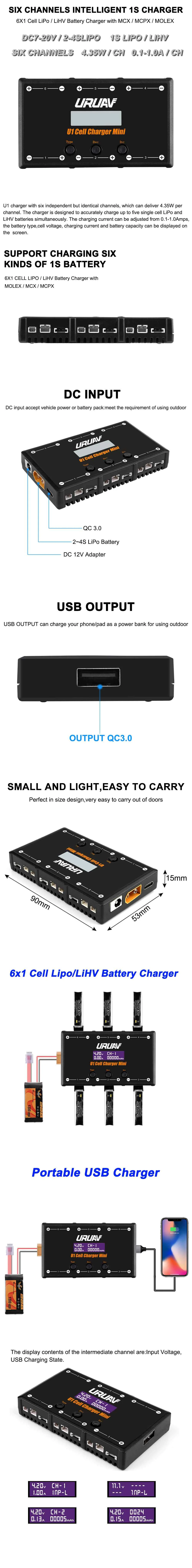 URUAV U1/U3 6 в 1 6X4,35 Вт/18 Вт 6X1A/1.5A DC 1 S/2 S/3 S зарядное устройство для 1S LIPO/LiHV батареи с USB Micro MCX mCPX MOLEX