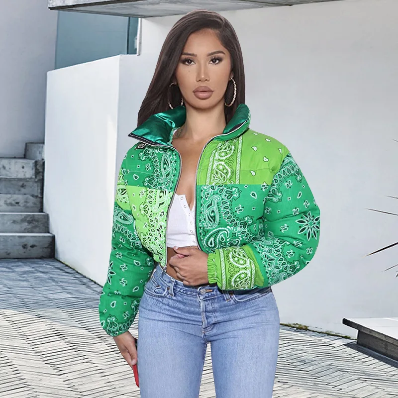 

Autumn Winter Women Fashion Print Thicken Warm Coat Jackets Green Ladies Casual Patchwork Outwear Padded Crop Tops Zipper Cloth