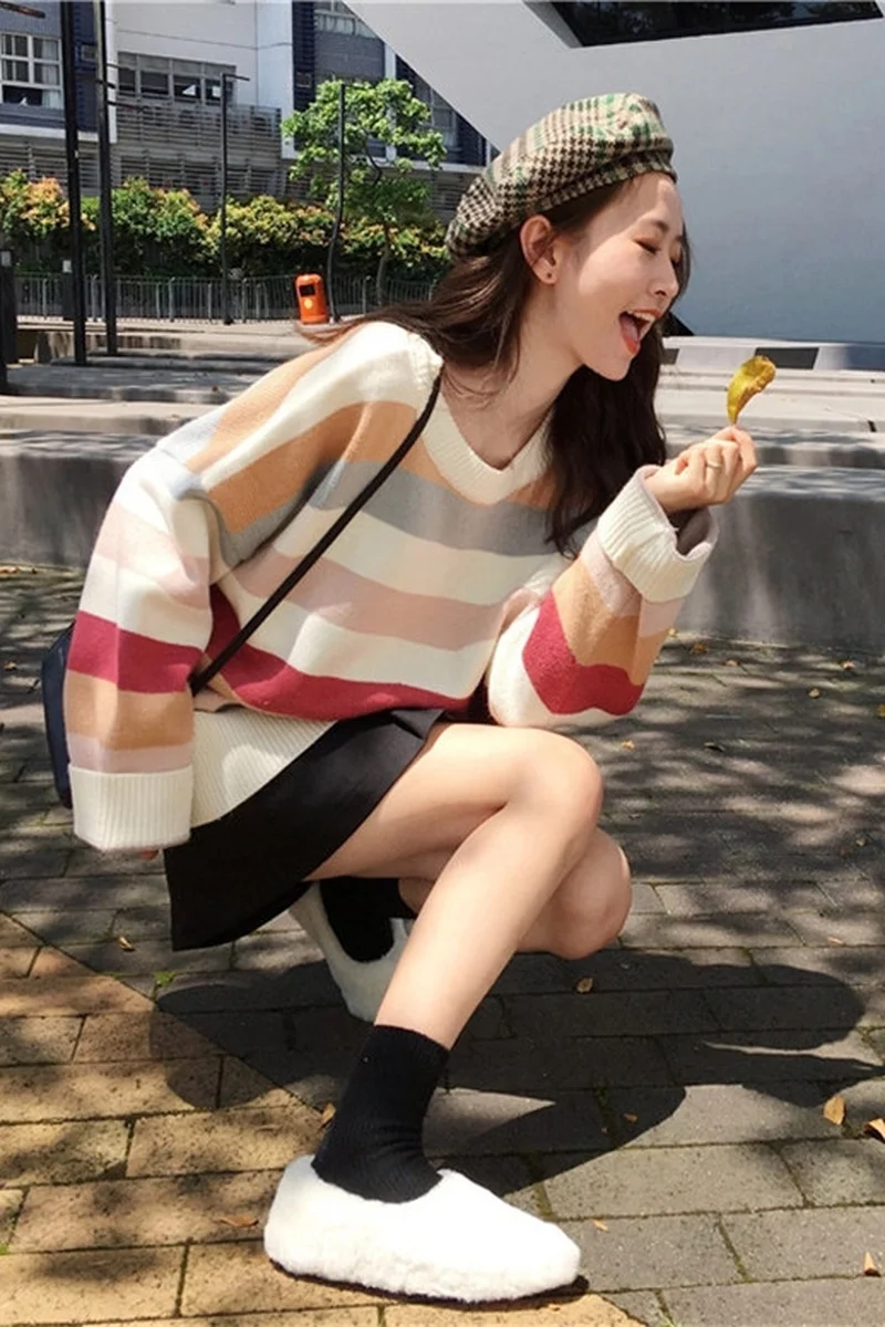 

Korean Loose Knitwear Pullovers Female All Match Ins Jumpers Women's Autumn Winter Sweet Sweaters Fashion Chic Striped