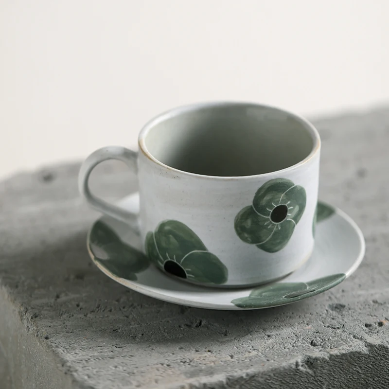 

Vintage Pottery Handmade Coffee Cup with Plate Japanese Ceramic Coffee Cup Set Summer High Tea Tazas Originales Drinkware