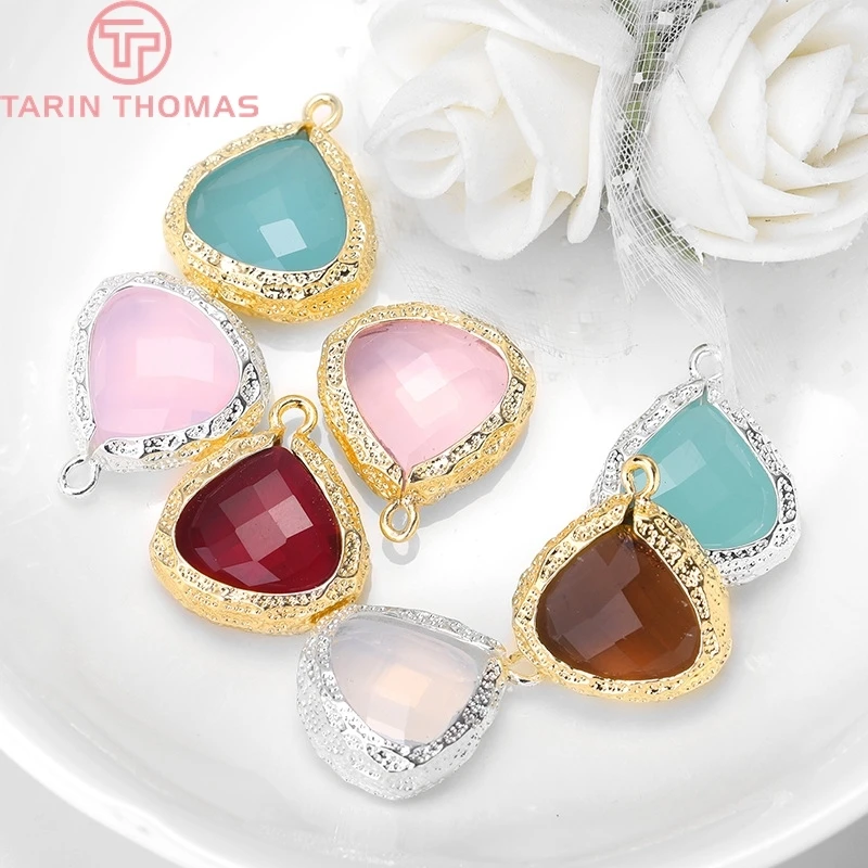 

4PCS 15x19MM Hole 1MM 24K Gold Color or Silver Color Brass with Heart Colourful Glass Beads Charms Pendants Accessories