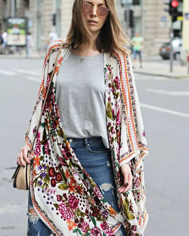 Модная одежда Бохо Винтаж Женщины Цветочные Свободные шаль кимоно шифон пальто