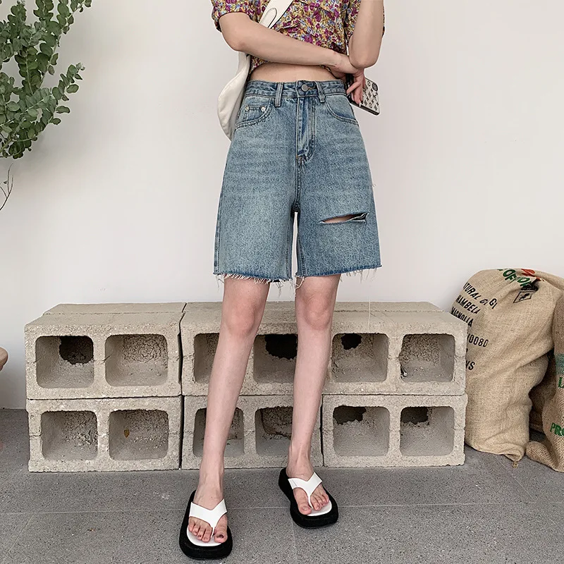 

High-waist Denim Shorts XL Women's Short Jeans Fashion Five-point Denim Shorts Washed Ripped Jeans Nostalgic Wide-leg Pants