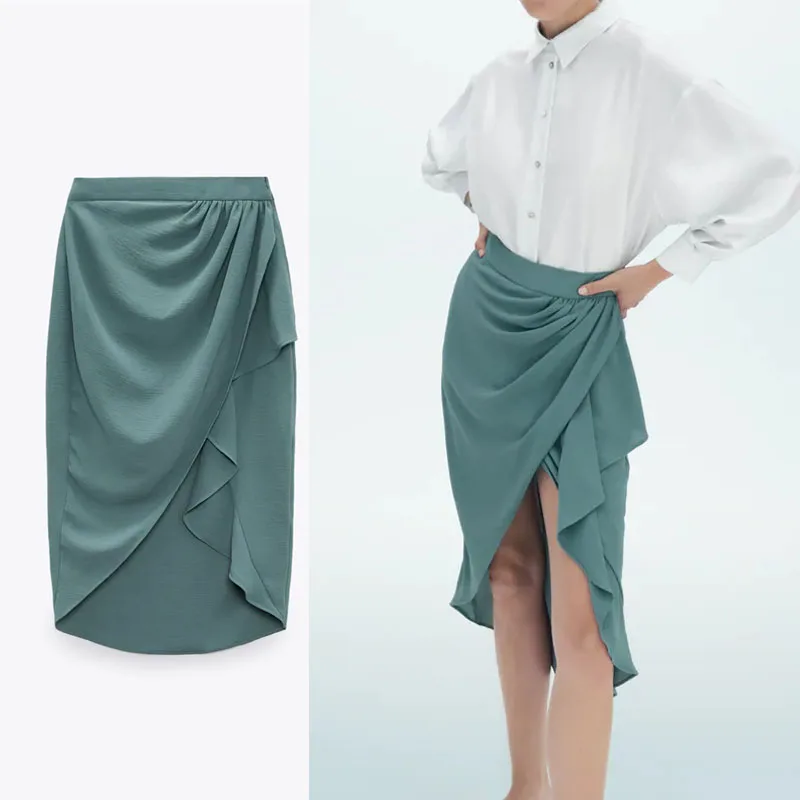 

Za 2021 Summer Slit Draped Skirt Women High Waist Ruffle Ruched Skirts Woman Fashion Front Gathered Vintage Asymmetry Skirt