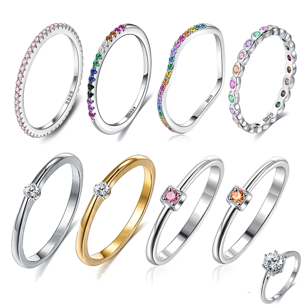 

925 Sterling Silver Rings For Women Rainbow Color Dazzling CZ Stone Finger Ring Classic Wedding Accessories Female Jewelry Gift